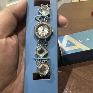 Working VTG Avon Antiqued Silver Tone Crystal Bracelet Quartz Ladies Watch W Box